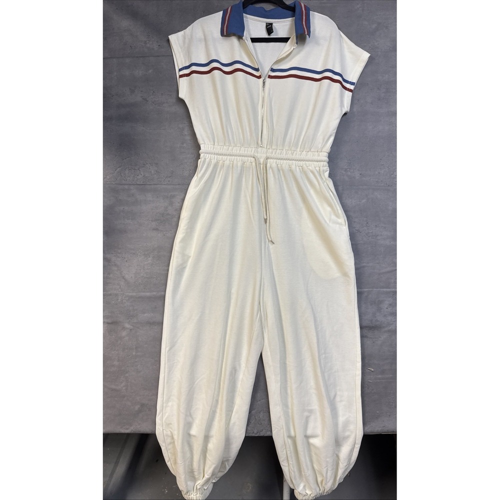 Cider cream-colored, short-sleeve zip-front utility jumpsuit Cuffed Ankles Med